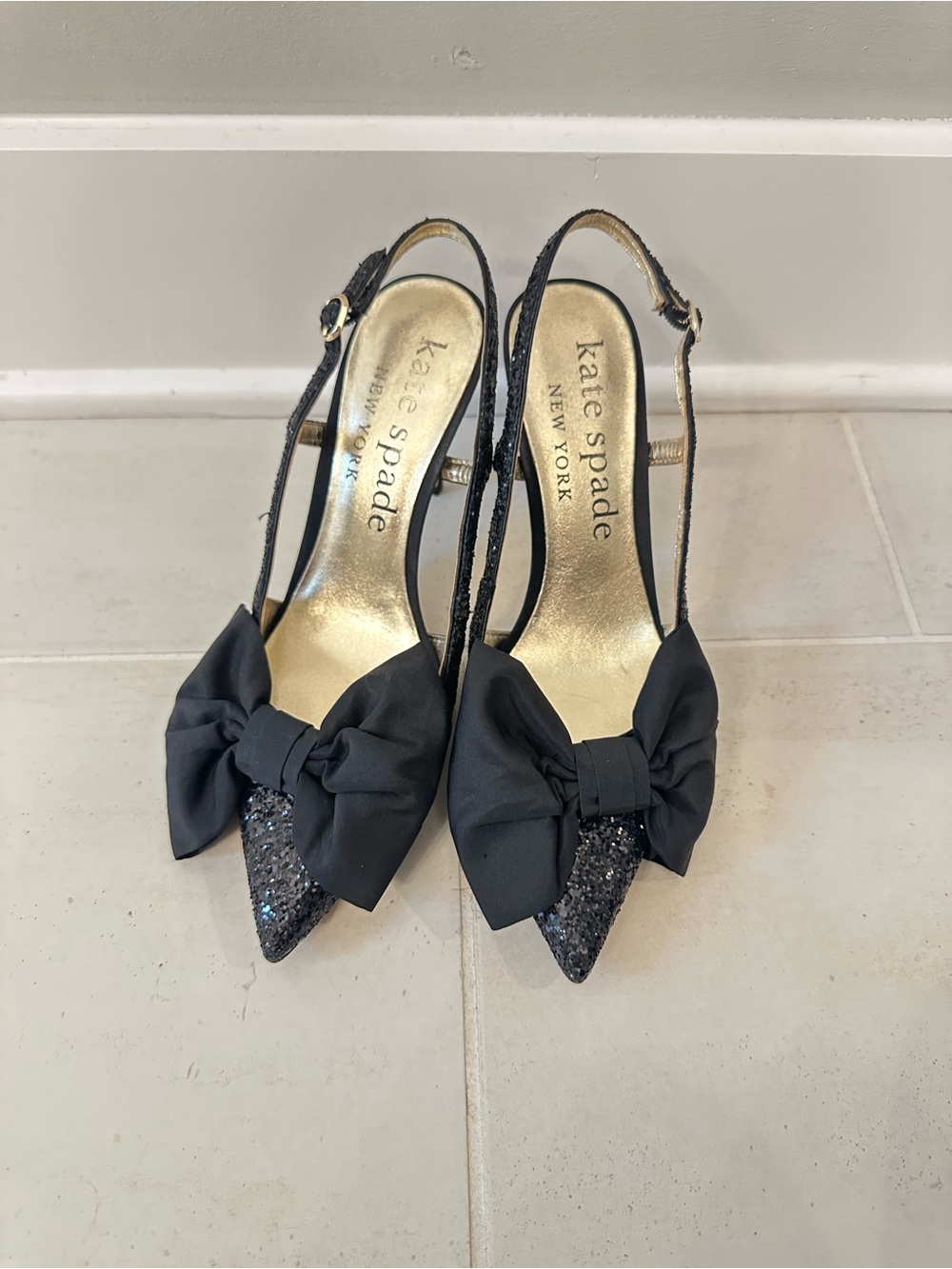 Kate Spade Black Bow Glitter Pointed Slingback Heels
